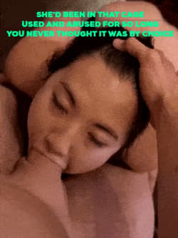 Within seconds of being freed, she was on her knees swallowing your cum. She was grateful to be out. But only so she could suck more cock'