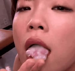 Japanese woman sheds a tear while swallowing semen.'